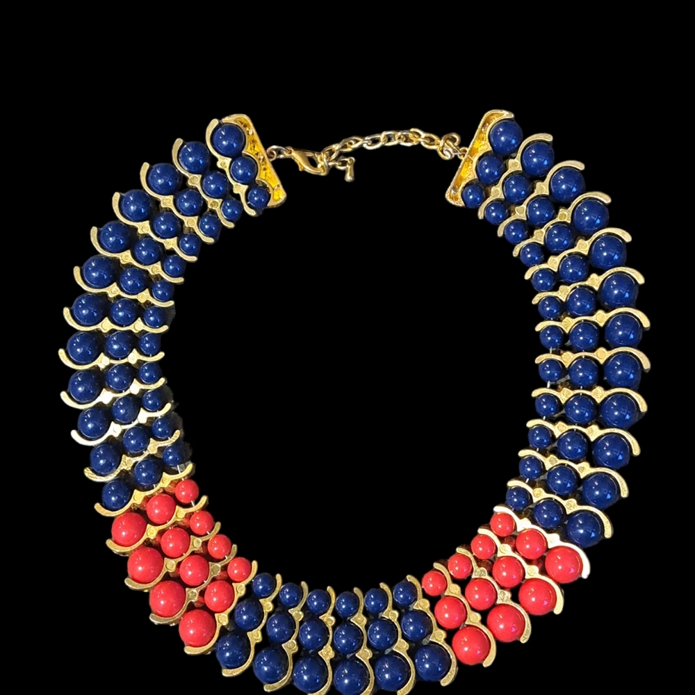IMAN vintage red and blue with rhinestones three row necklace